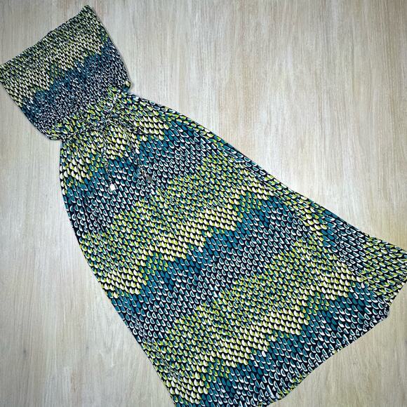 Anne Klein Green Blue Shirring Geometric Strapless Summer Maxi Dress Medium - Picture 8 of 12
